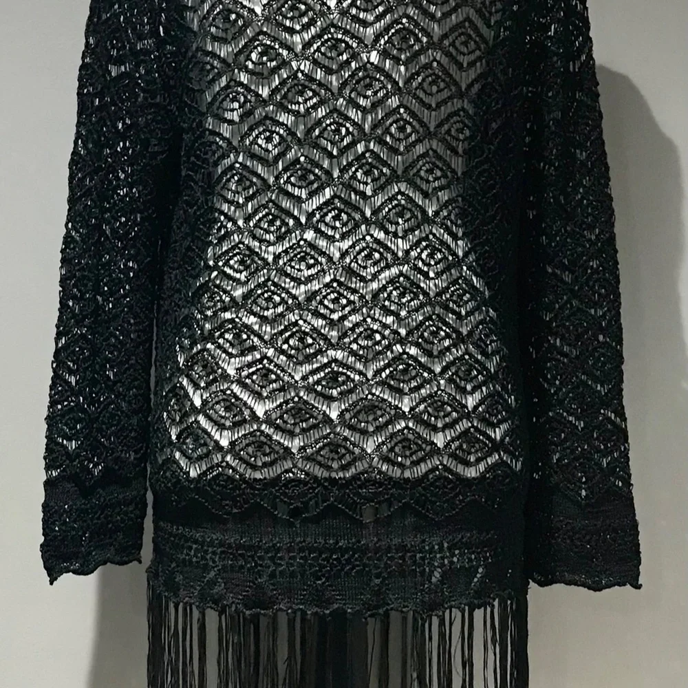 Colleen Lopez Black Sheer Lace Crochet Fringe Tunic Cover Up Top Size Large